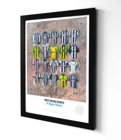 Limited edition West Bromwich Albion A3 framed print of iconic Baggies shirt art by Terry Kneeshaw Art.
