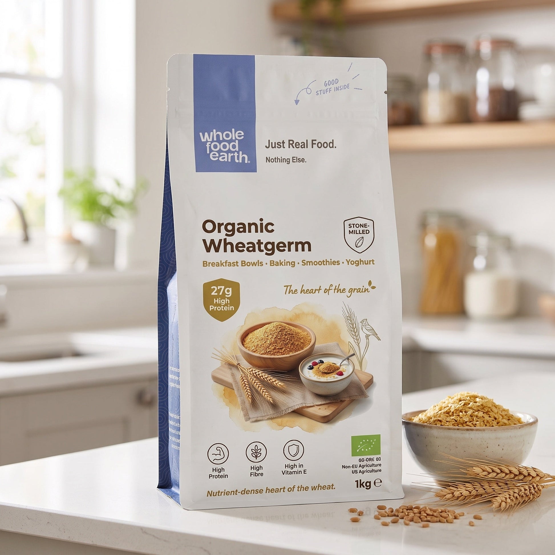 Organic Whole Food Earth wheatgerm in a jar with a spoon, showing fresh, natural wheatgerm for healthy cooking and baking.
