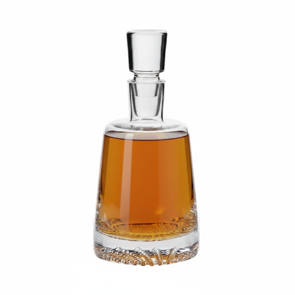 Krosno whisky decanter from Glassware UK filled halfway, clear glass carafe with a sleek design for storing and serving whisky.