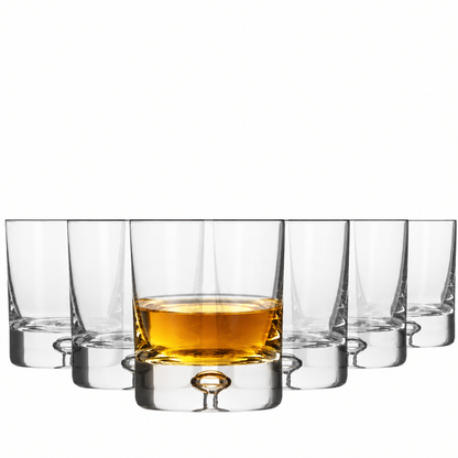 Set of six Krosno Bubble Base whisky tumblers filled with whisky, 280ml each, showcasing clear glassware with rounded bubble design.