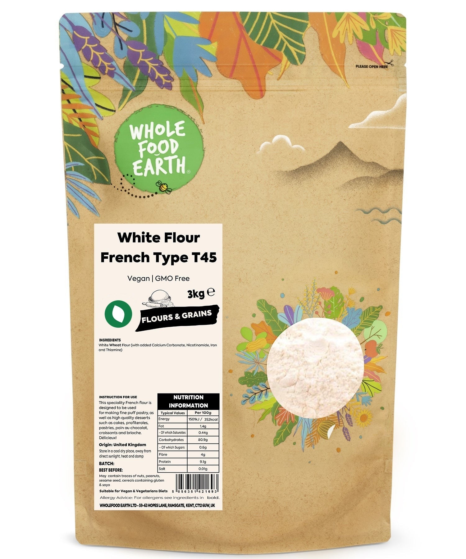 White French Type T45 flour from Whole Food Earth, fine and soft for baking and pastry making, shown in a close-up image.