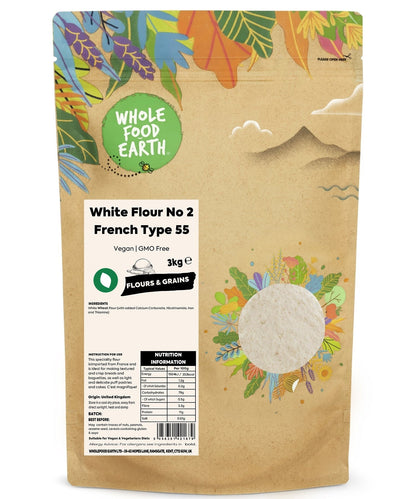White Flour No 2 French Type 55 from Whole Food Earth, fine white flour with a smooth texture in a bag.