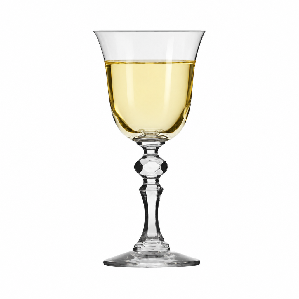 Set of six Krosno Krista white wine glasses filled with white wine, 155ml capacity, elegant stemware by Glassware UK
