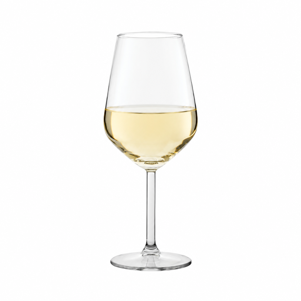 Set of six Allegra white wine glasses by Glassware UK, 350ml each, filled with white wine and showcasing elegant glassware.