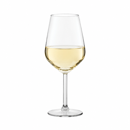 Set of six Allegra white wine glasses by Glassware UK, 350ml each, filled with white wine and showcasing elegant glassware.