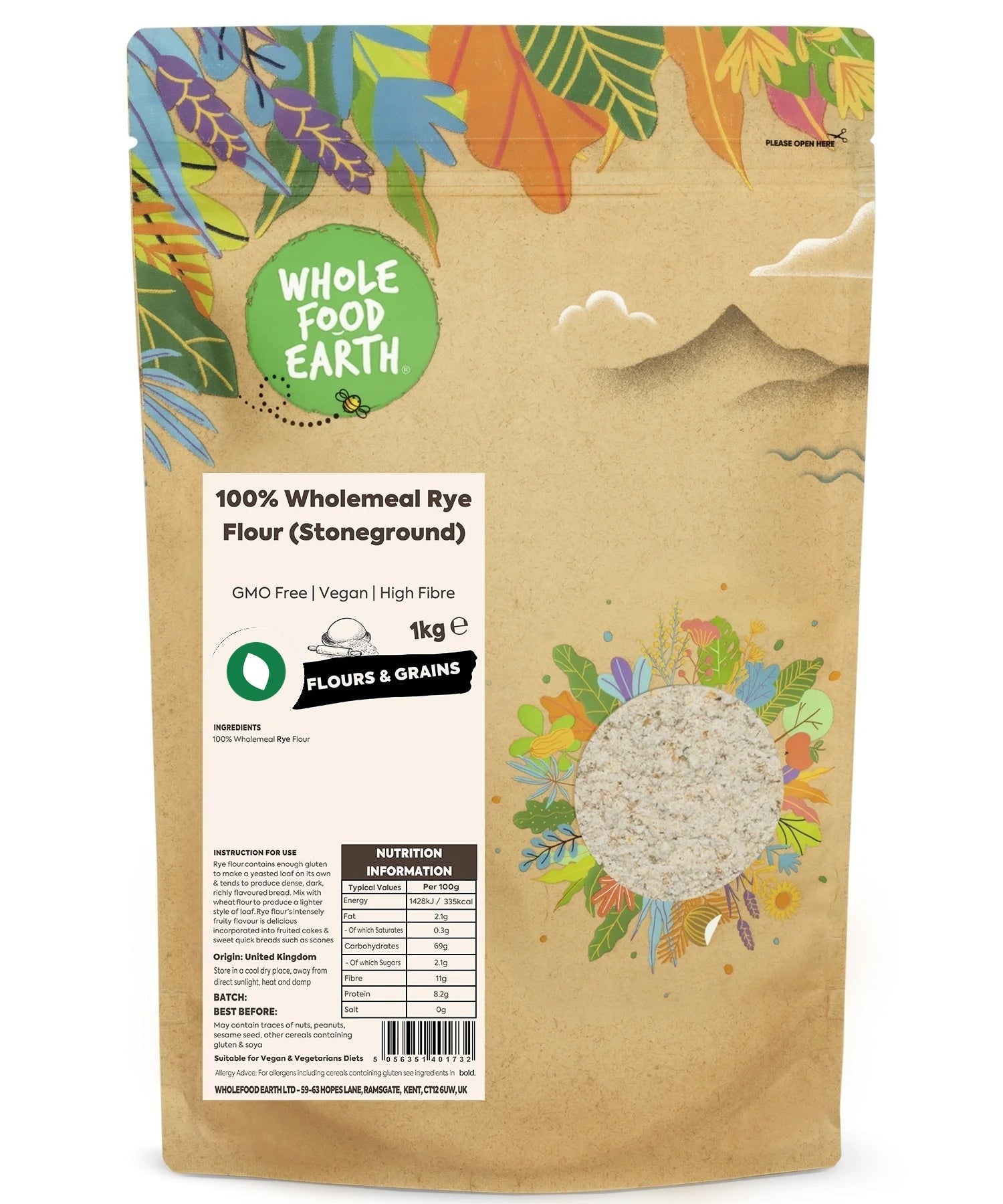 Wholemeal rye flour from Serious Grains by Whole Food Earth, stoneground, GMO-free, in a clear bag showing the textured flour.