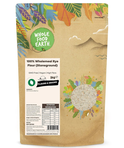 Stoneground Wholemeal Rye Flour from Whole Food Earth, GMO-free, in a natural wheat-colored bag, suitable for baking.