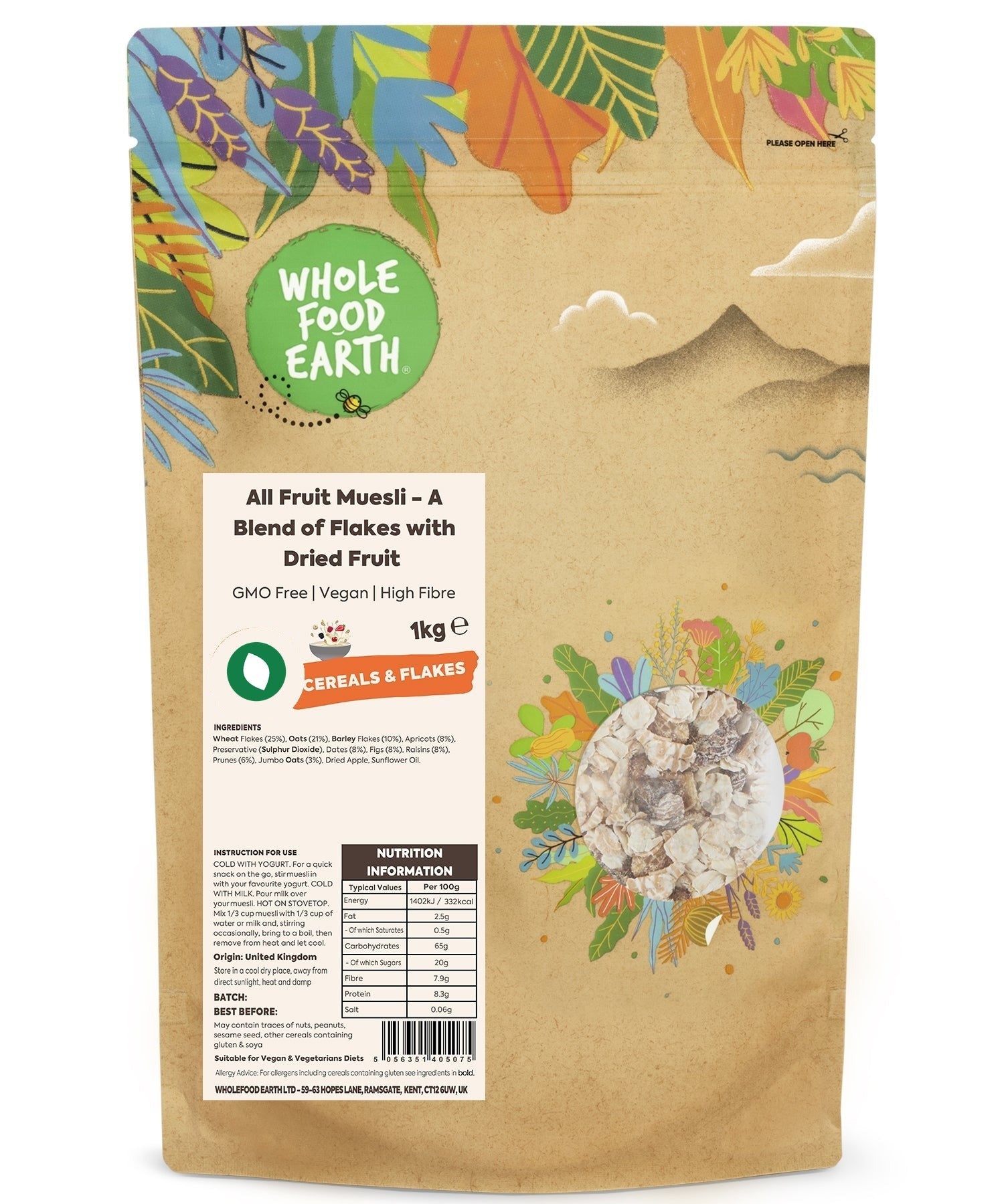Whole Food Earth All Fruit Muesli cereal with colorful dried fruits and oats, GMO-free and vegan-friendly.