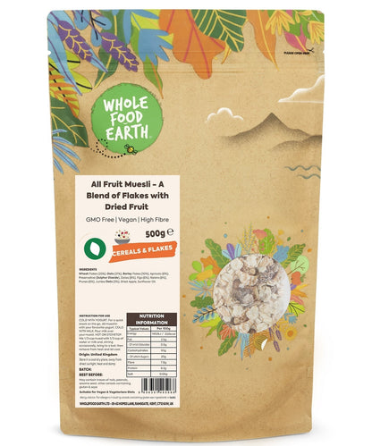 Whole Food Earth All Fruit Muesli cereal with colorful dried fruits and grains, GMO-free and vegan-friendly.