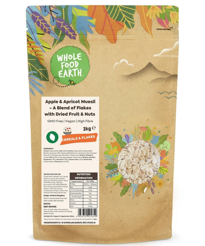 Whole Food Earth apple and apricot muesli cereal in a bowl, showcasing dried fruits and crunchy grains.