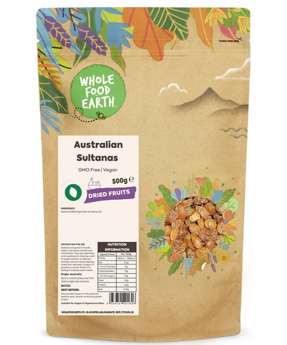 Australian Sultanas from Whole Food Earth, GMO-free vegan dried fruits in a clear container.