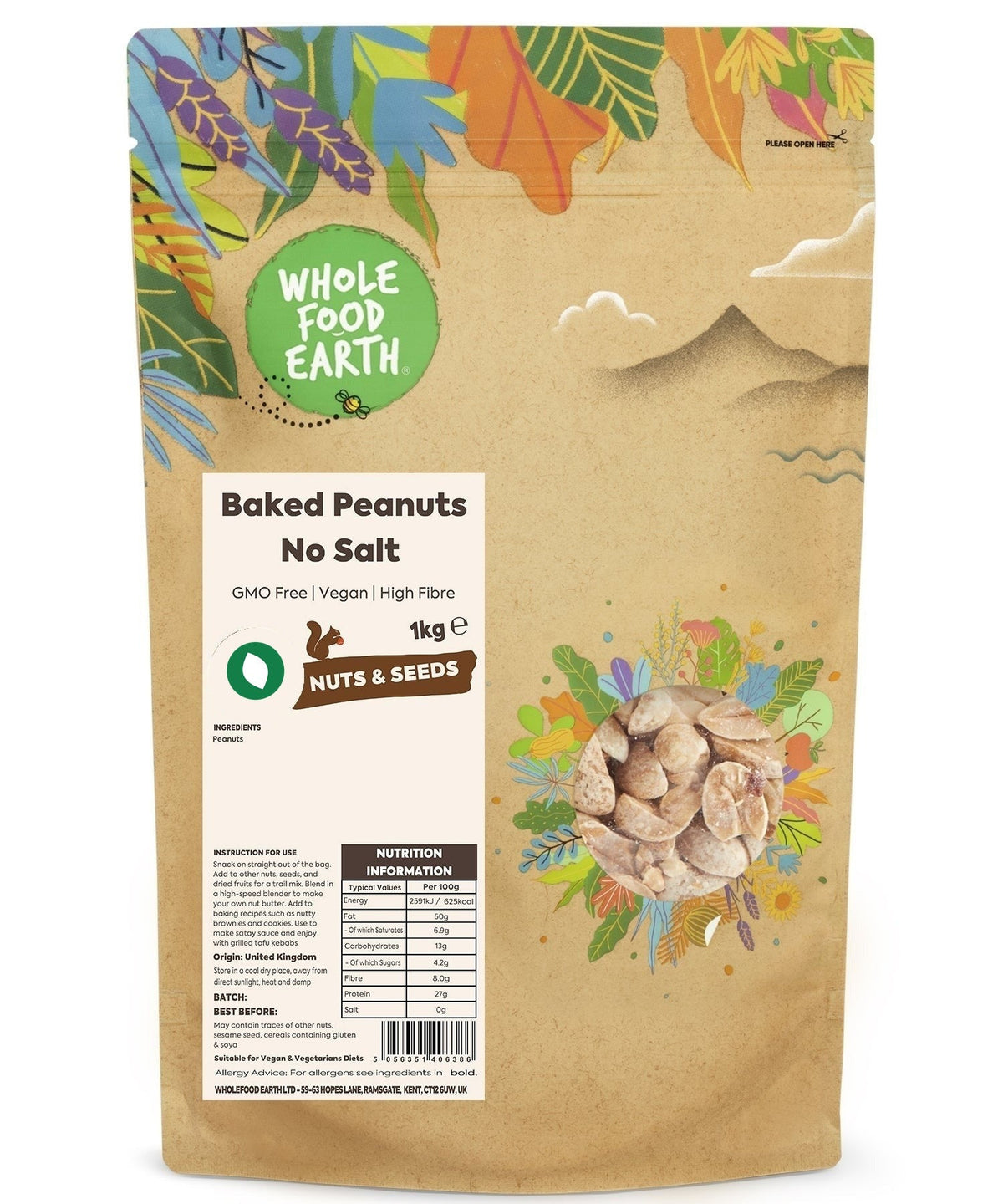 Baked unsalted peanuts from Whole Food Earth, GMO-free nuts and seeds product, showing roasted peanuts in a bowl