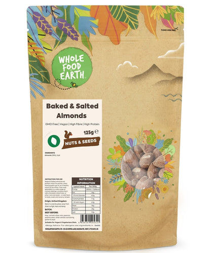 Baked salted almonds from Whole Food Earth, GMO-free nuts and seeds, showing roasted almonds in a bowl on a white background.