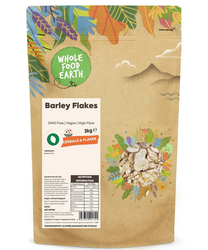 Whole Food Earth barley flakes cereal in a bowl, showcasing their natural, GMO-free, vegan-friendly appearance.