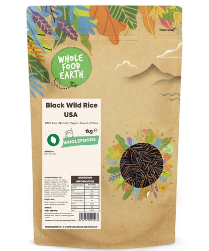 Whole Food Earth Black Wild Rice from the USA, non-GMO, in a natural setting, showcasing the rice grains in a clear container.