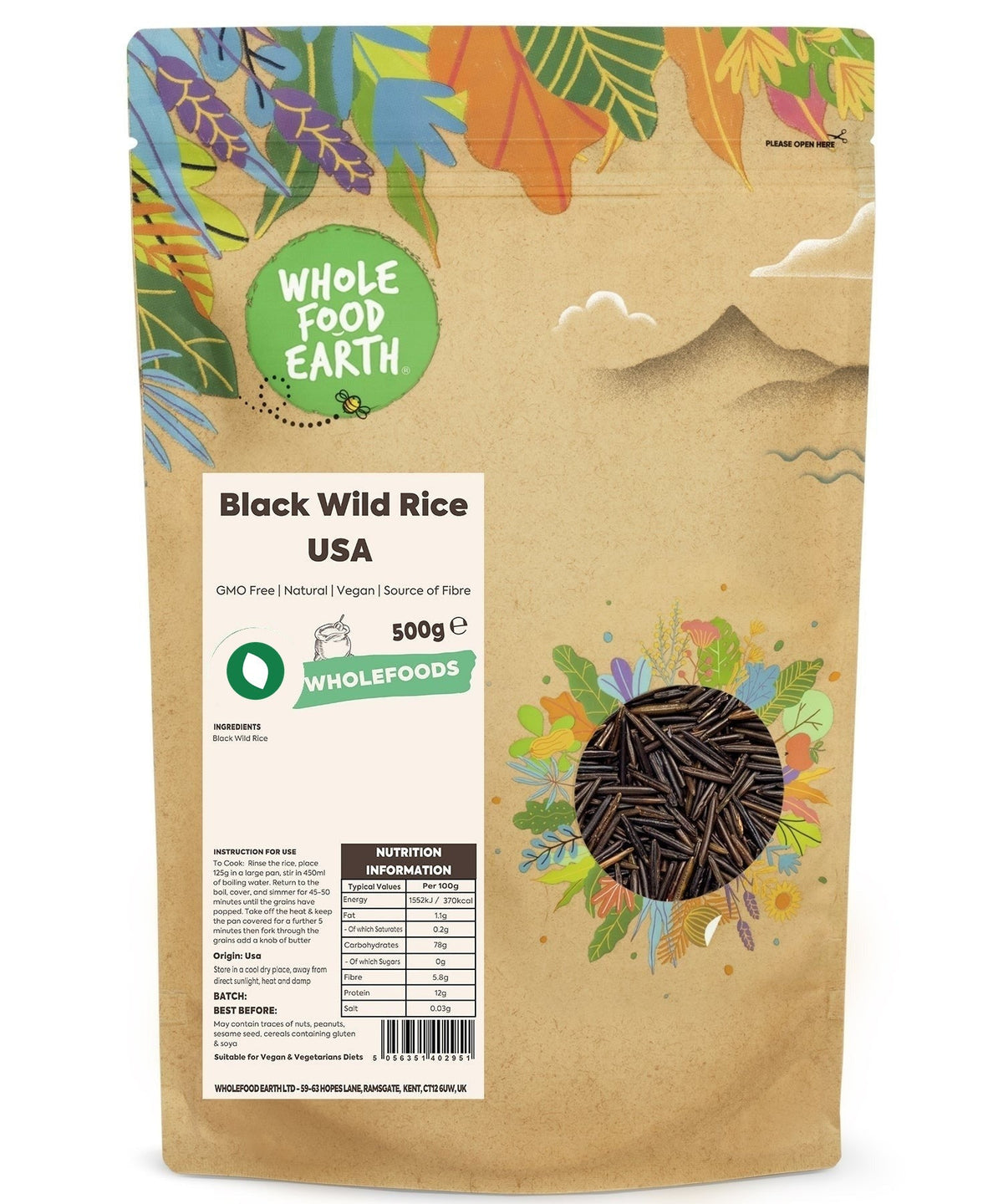 Black Wild Rice from Whole Food Earth, GMO-free USA rice and couscous product, showing uncooked black wild rice grains in a natural setting.