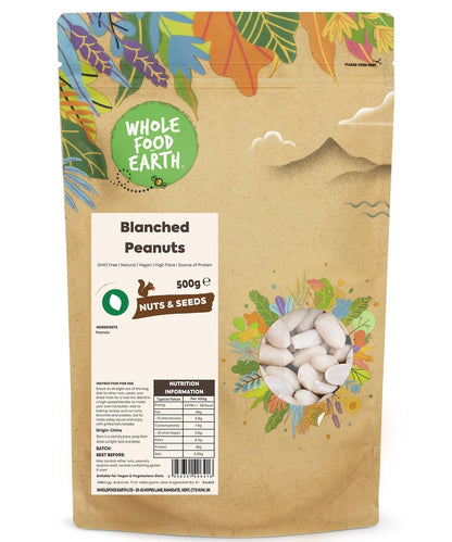GMO-free vegan blanched peanuts from Whole Food Earth in a clear bowl, showcasing their light color and smooth texture.