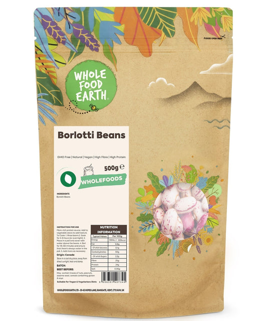 Borlotti beans from ArtisanBox, whole, natural, GMO-free, in their dried form with a beige and reddish speckled appearance.