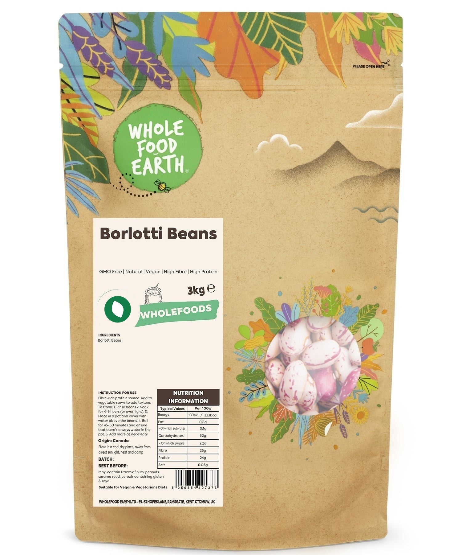 Borlotti beans from Whole Food Earth, GMO-free and natural, shown in a bowl with dried beans and fresh beans on a wooden surface.