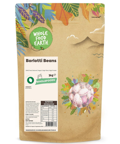 Borlotti beans from Whole Food Earth, GMO-free and natural, shown in a bowl with dried beans and fresh beans on a wooden surface.