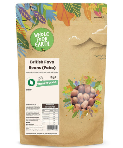 British Fava Beans from Whole Food Earth, GMO-free pulses in a clear bag, ready for cooking or snacking.