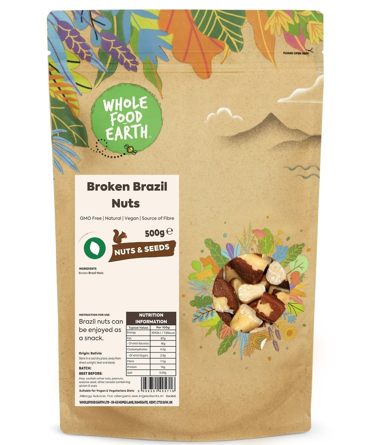 Broken Brazil nuts from Whole Food Earth, GMO-free nuts and seeds, showing textured, natural cracked Brazil nuts in a close-up view.