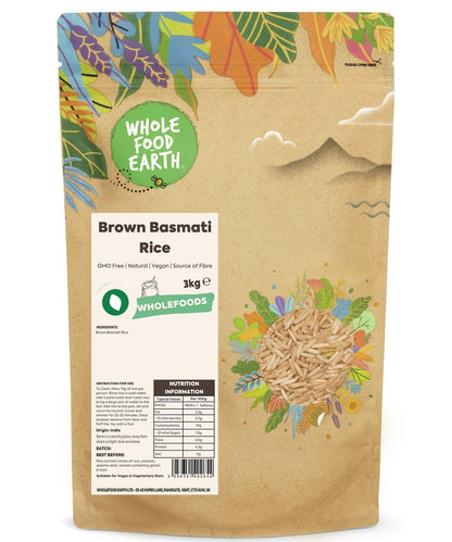 Whole Food Earth brown Basmati rice, GMO-free, in a clear bag, showcasing long grains of aromatic rice suitable for cooking.