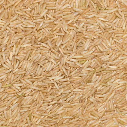 Whole Food Earth organic brown Basmati rice in a bag, GMO-free, natural, vegan, dairy-free, no added sugar.