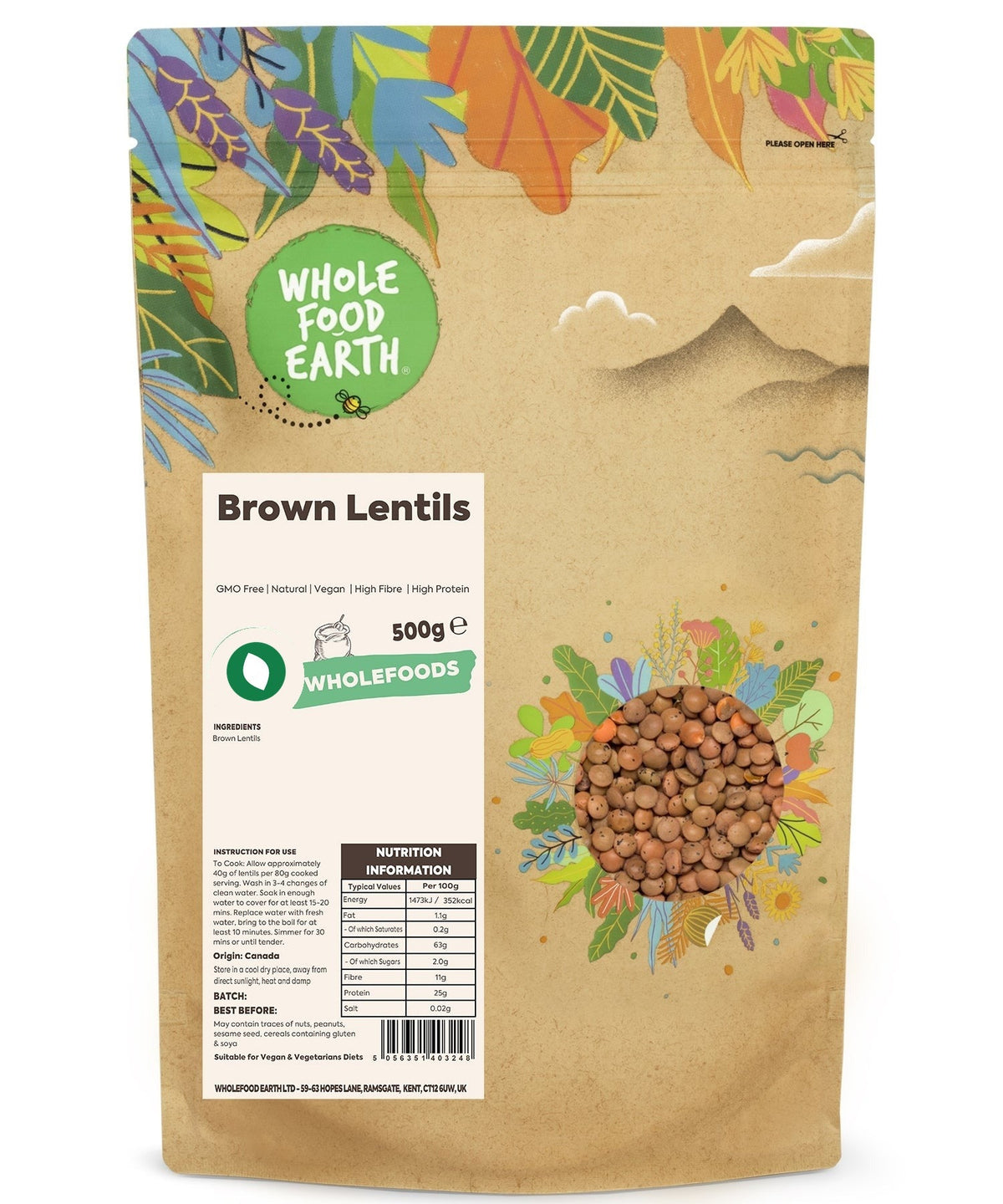 Whole Food Earth brown lentils, GMO-free beans and pulses, displayed in a natural setting.