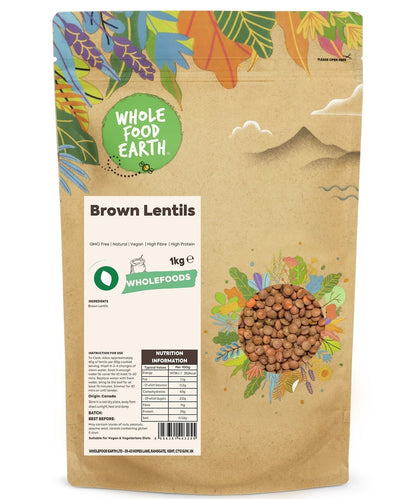 Whole Food Earth brown lentils, GMO-free beans and pulses, showing a close-up of dry, natural brown lentils in a bowl.