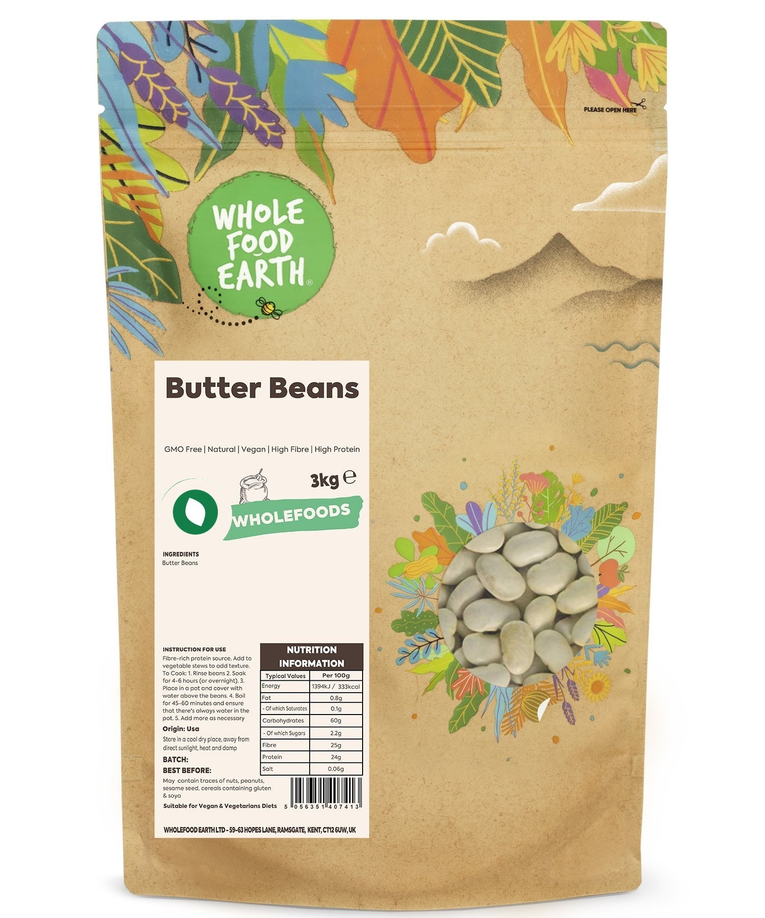 Whole Food Earth butter beans in a can, showcasing GMO-free, natural beans and pulses with a white label and colorful design.