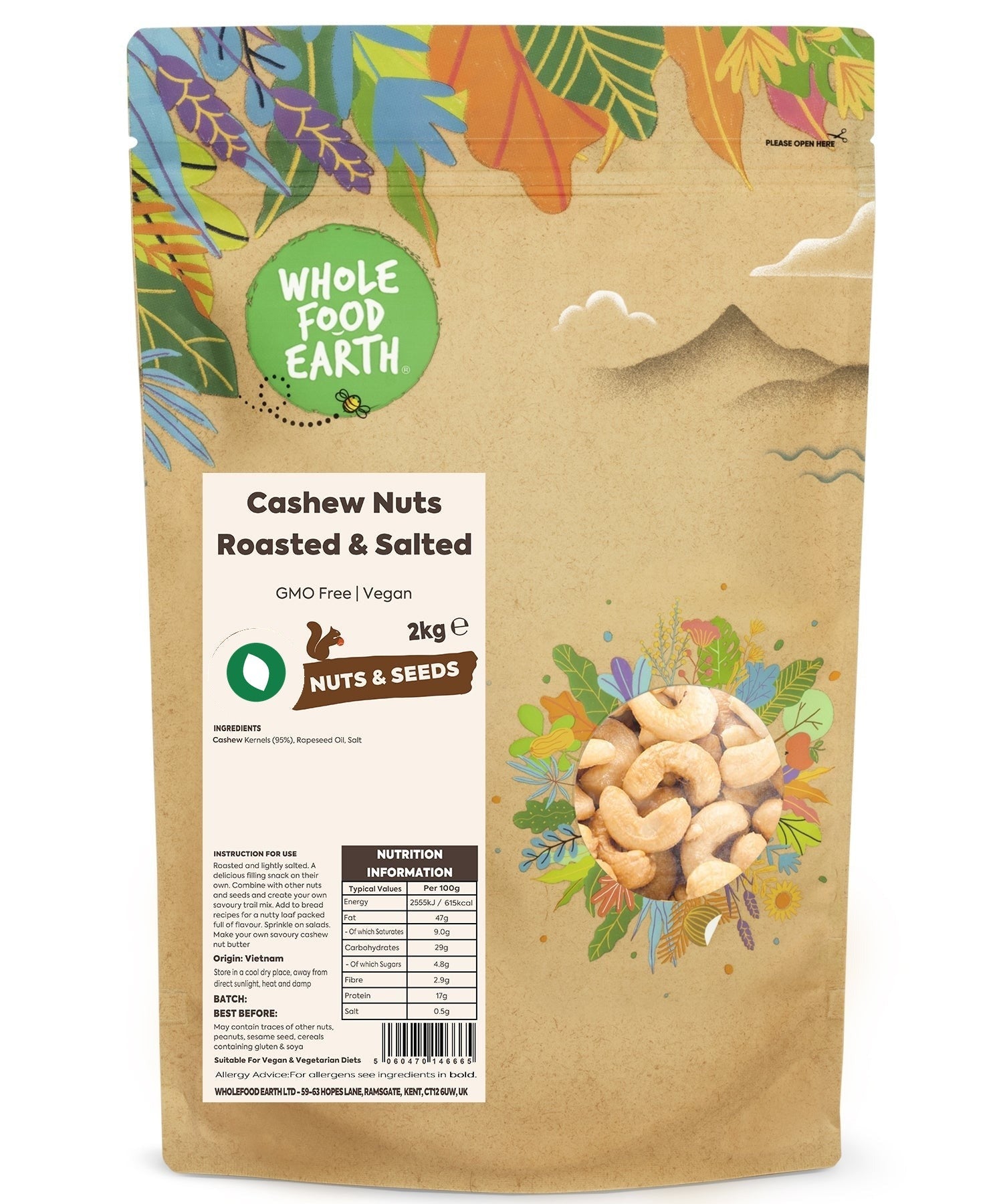 Roasted salted cashew nuts from Whole Food Earth, showing golden, crunchy nuts in a close-up shot.