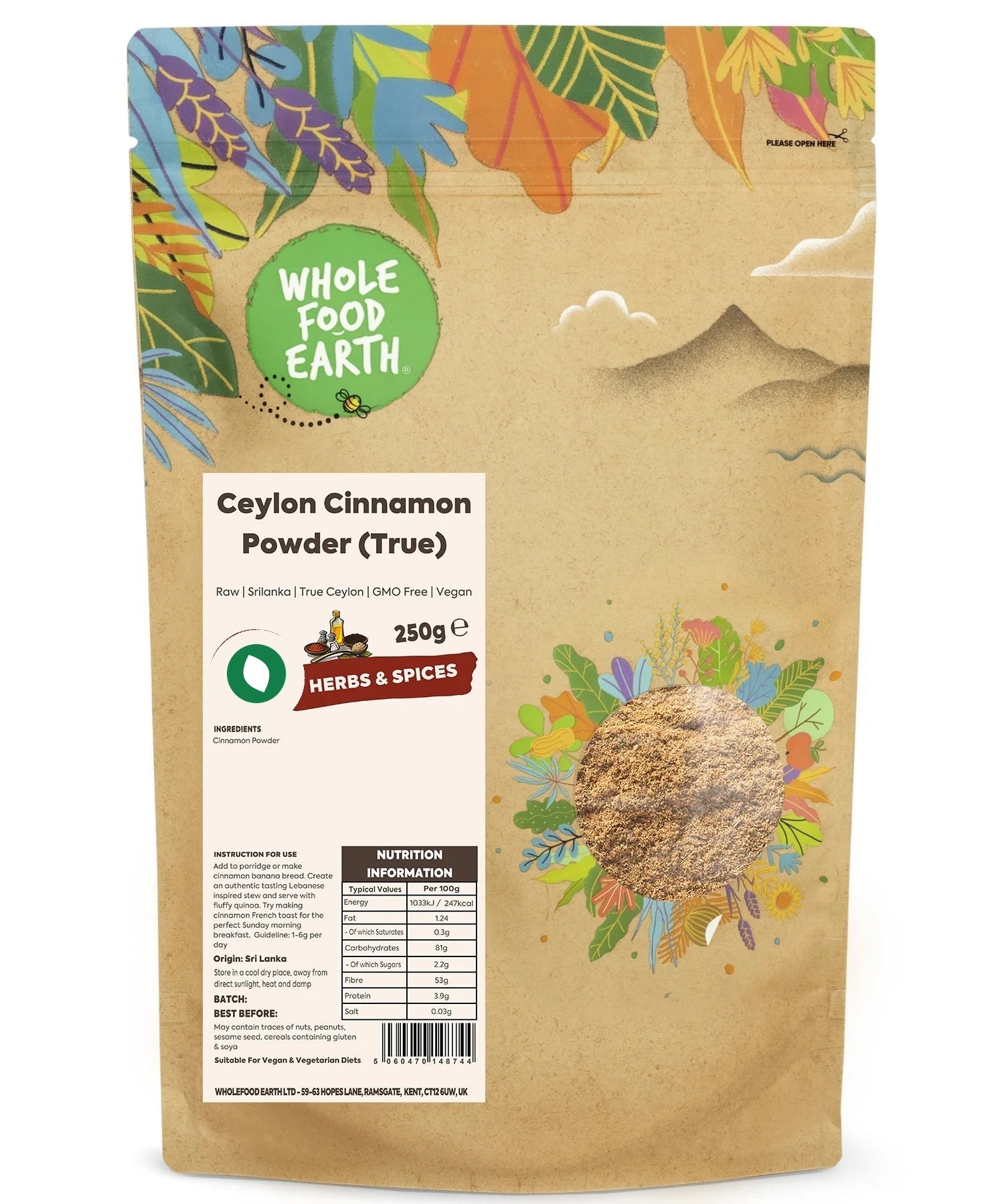Ceylon Cinnamon Powder by Whole Food Earth, raw herbs and spices in a clear jar, with cinnamon sticks and powder visible.