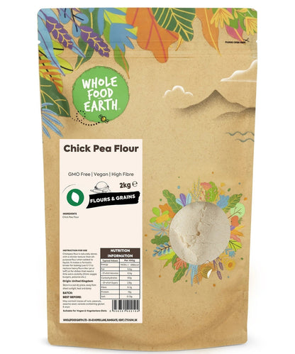 Whole Food Earth chickpea flour in a bag, GMO-free, vegan-friendly, high-quality flour for baking and cooking.