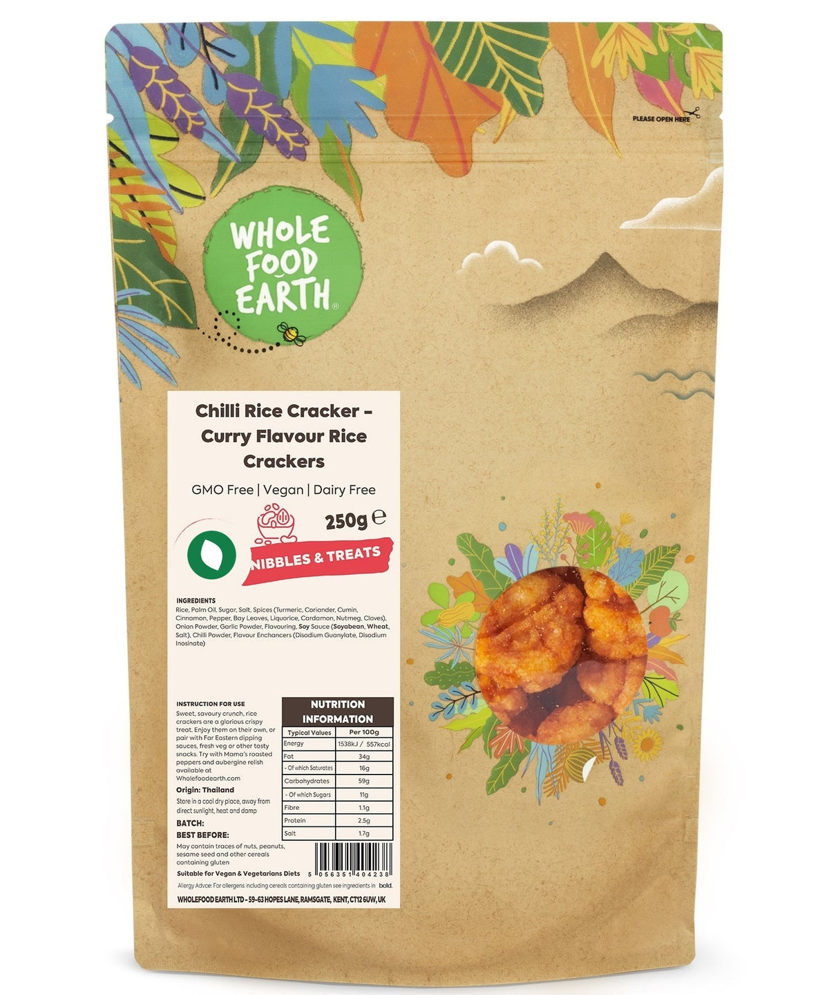 Whole Food Earth chilli rice cracker, GMO-free vegan specialty snack with spicy chili flavor, crispy rice texture.