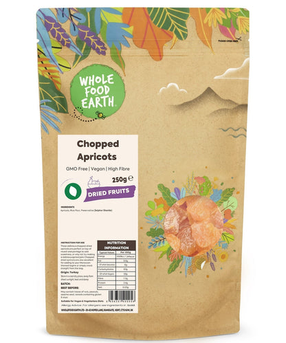 Dried chopped apricots from Whole Food Earth, GMO-free, vegan dried fruit with vibrant orange color and chopped texture.