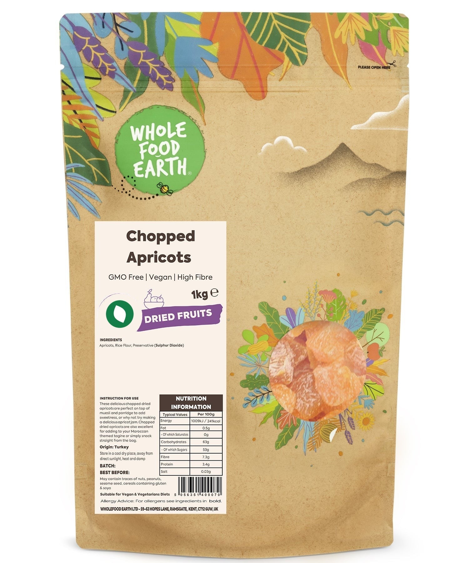 Dried chopped apricots from Whole Food Earth, GMO-free and vegan, close-up of vibrant orange dried fruit pieces.