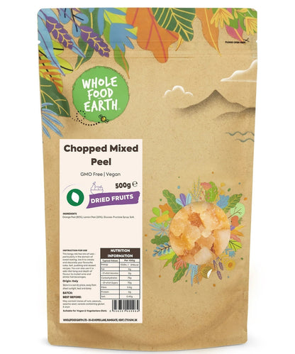 Dried chopped mixed citrus peel from Whole Food Earth, vegan and GMO-free dried fruit for baking and snacking.
