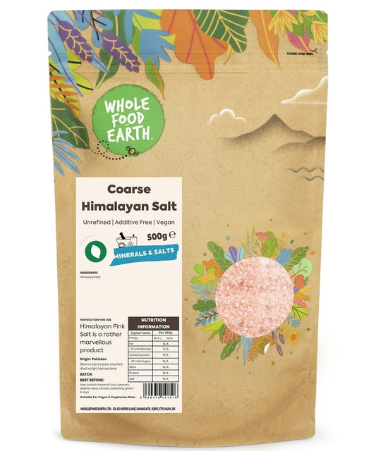 Coarse Himalayan salt crystals from Whole Food Earth, unrefined mineral salt for culinary and health uses