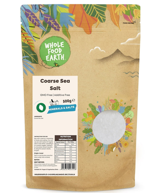 Whole Food Earth coarse sea salt mineral and salt product, GMO-free and vegan-friendly, shown in a natural salt form.