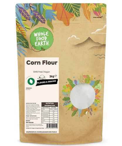 Whole Food Earth Corn Flour from Serious Grains, GMO-free and vegan, shown in a clear image of the light yellow flour in a bowl.