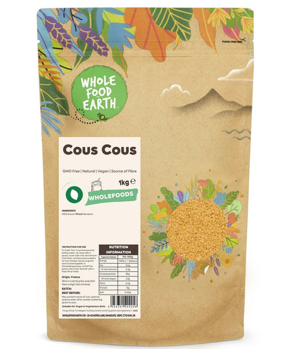 Whole Food Earth GMO-free natural couscous, a vegan rice and couscous product, in a clear bowl with a textured surface.
