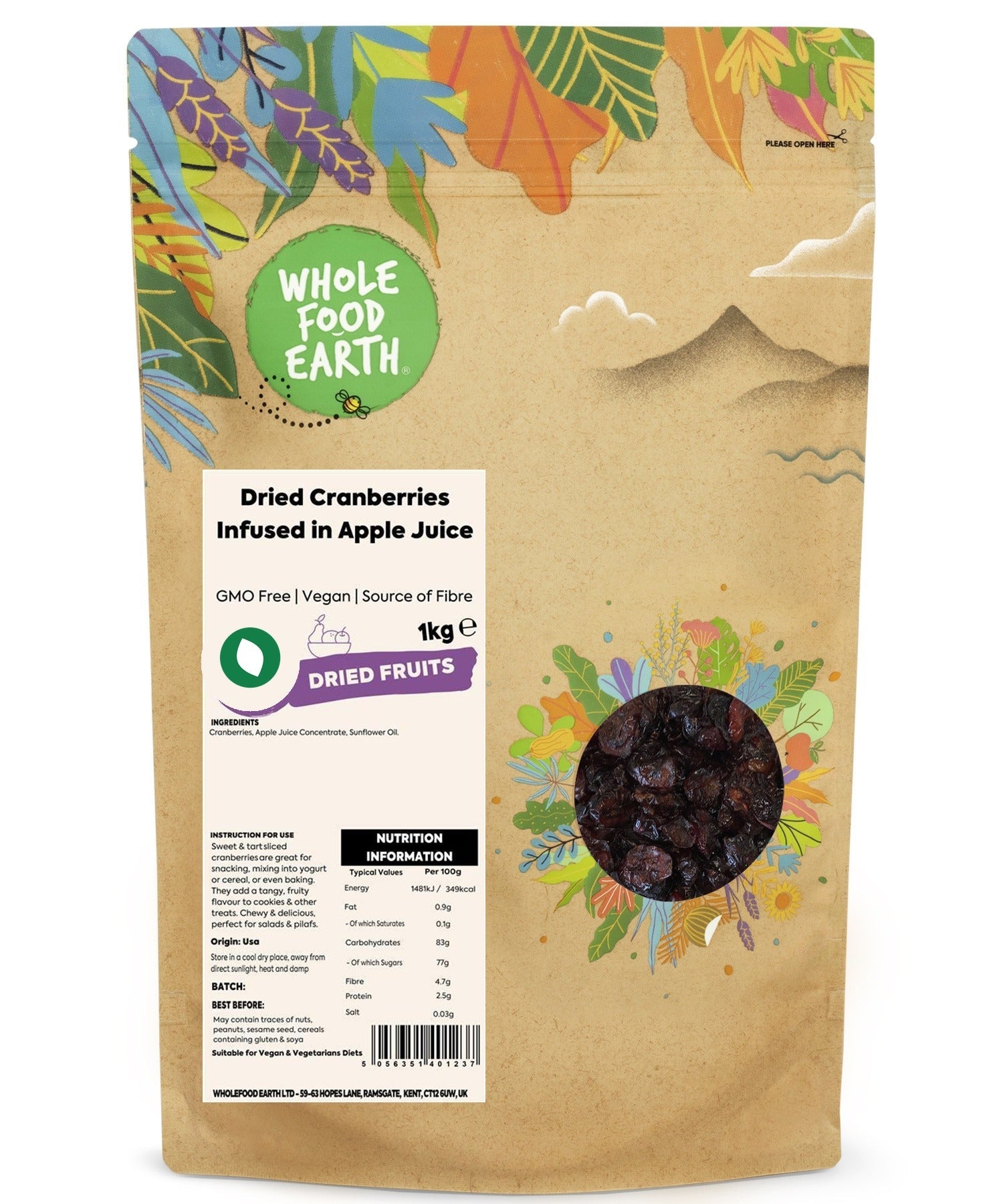 Dried cranberries infused in apple juice, sliced pineapple and cranberries from Whole Food Earth, showcasing colorful dried fruit mix.