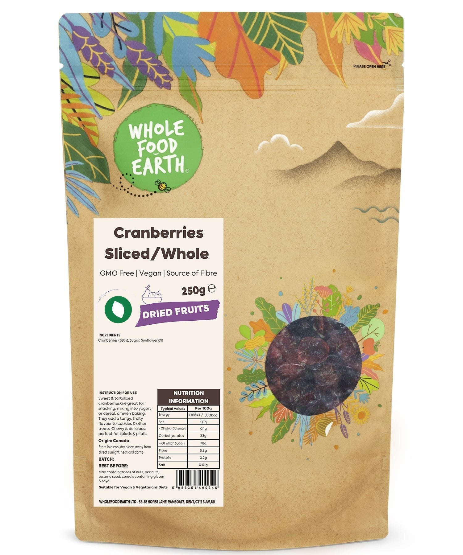 Whole Food Earth dried cranberries, sliced and whole, GMO-free dried fruits with vibrant red color and textured surface.