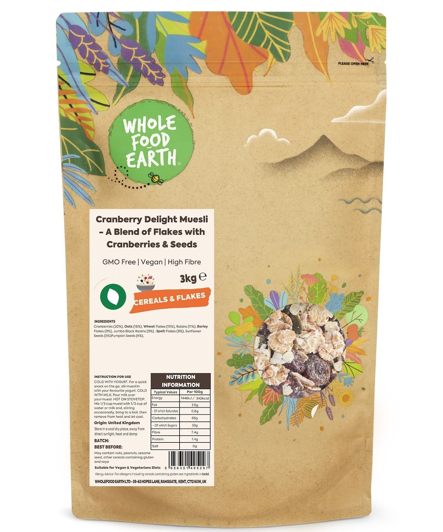 Whole Food Earth Cranberry Delight Muesli cereal with flakes, cranberries, and seeds in a natural breakfast blend.