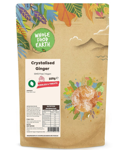 Crystallized ginger from Whole Food Earth, GMO-free and vegan, showing golden candied ginger pieces with a textured surface.