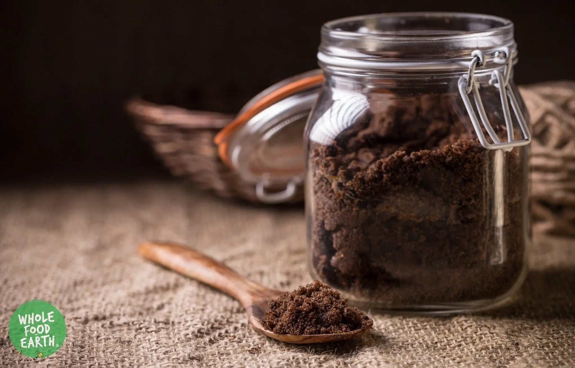 Dark Muscovado Sugar from Whole Food Earth, GMO-free, vegan, and dairy-free, shown in a natural, granulated form.