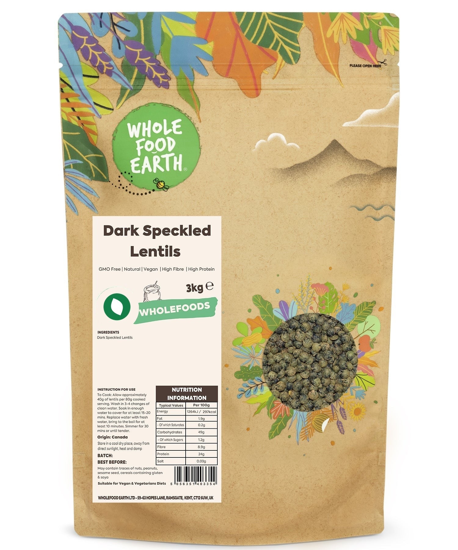Dark speckled lentils from Whole Food Earth, organic beans and pulses, close-up of GMO-free lentils in a bowl.