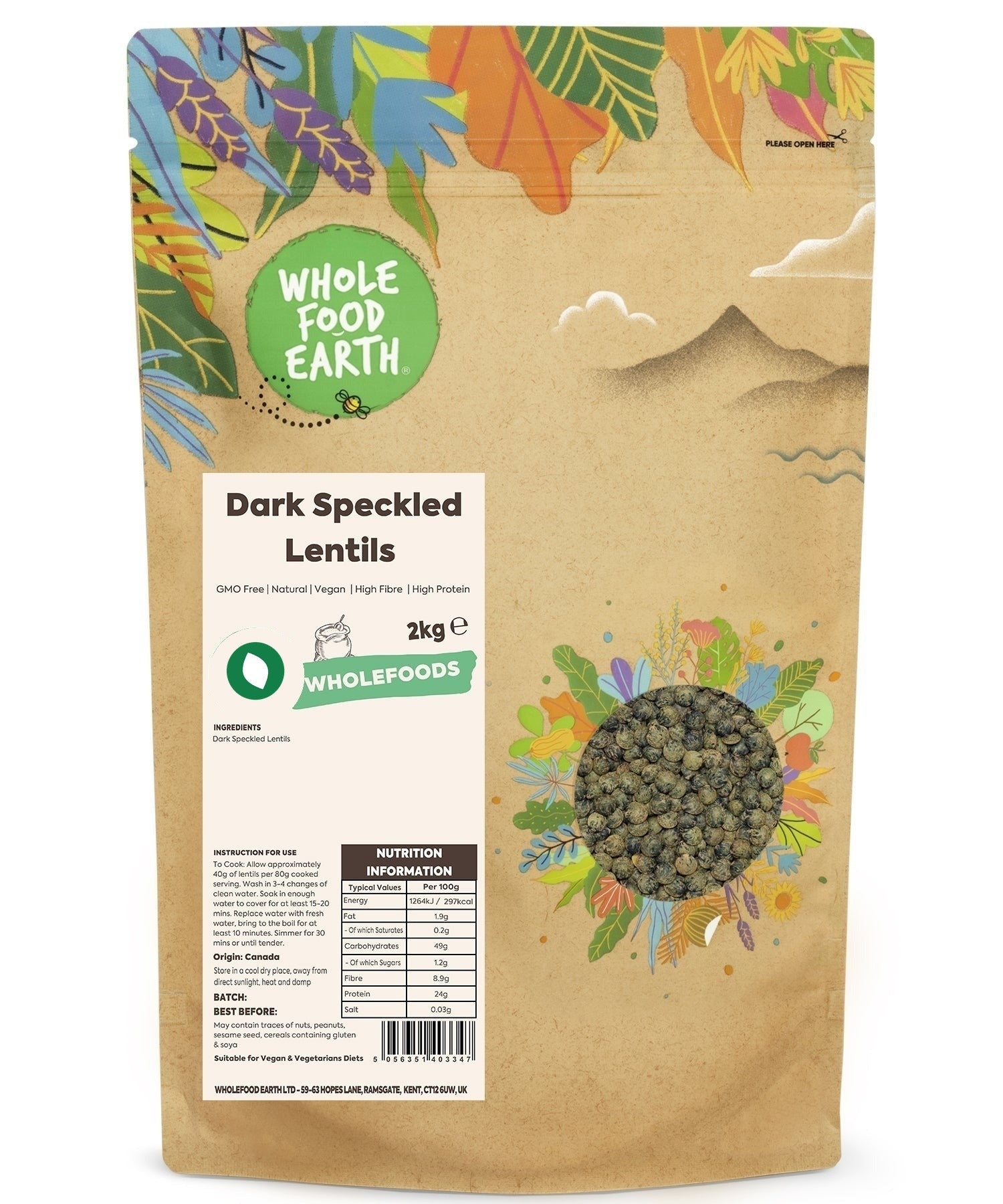 Dark speckled lentils from Whole Food Earth, GMO-free beans and pulses, shown in a close-up image.