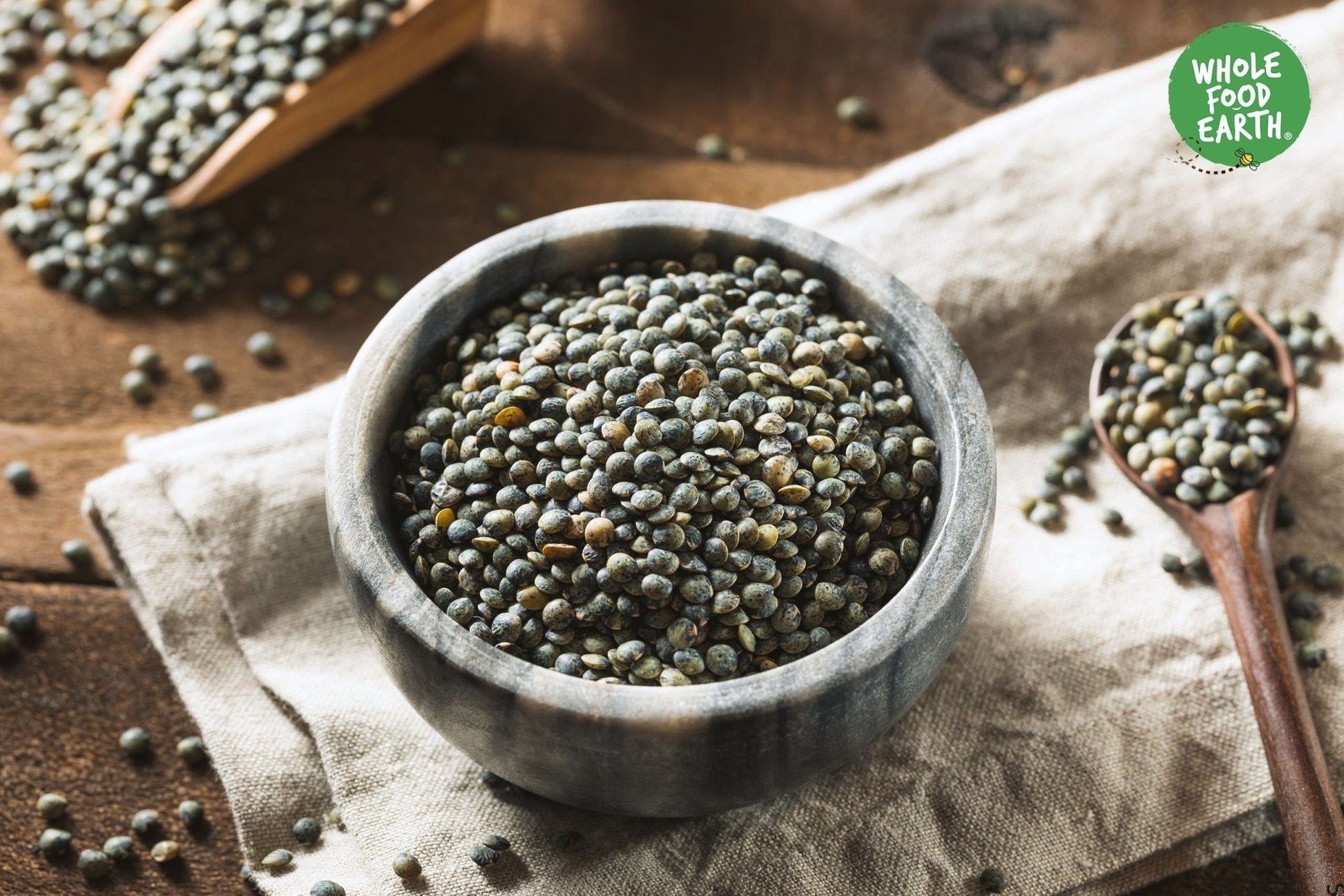 Dark speckled lentils from Whole Food Earth, GMO-free beans and pulses, natural vegan and dairy-free food product.